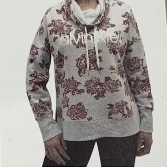 Calvin Klein Floral Gray Cowl Neck Hoodie Sweatshirt Size Small oversized - Picture 7 of 7